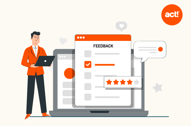 illustration of a person standing in front of customer feedback reports