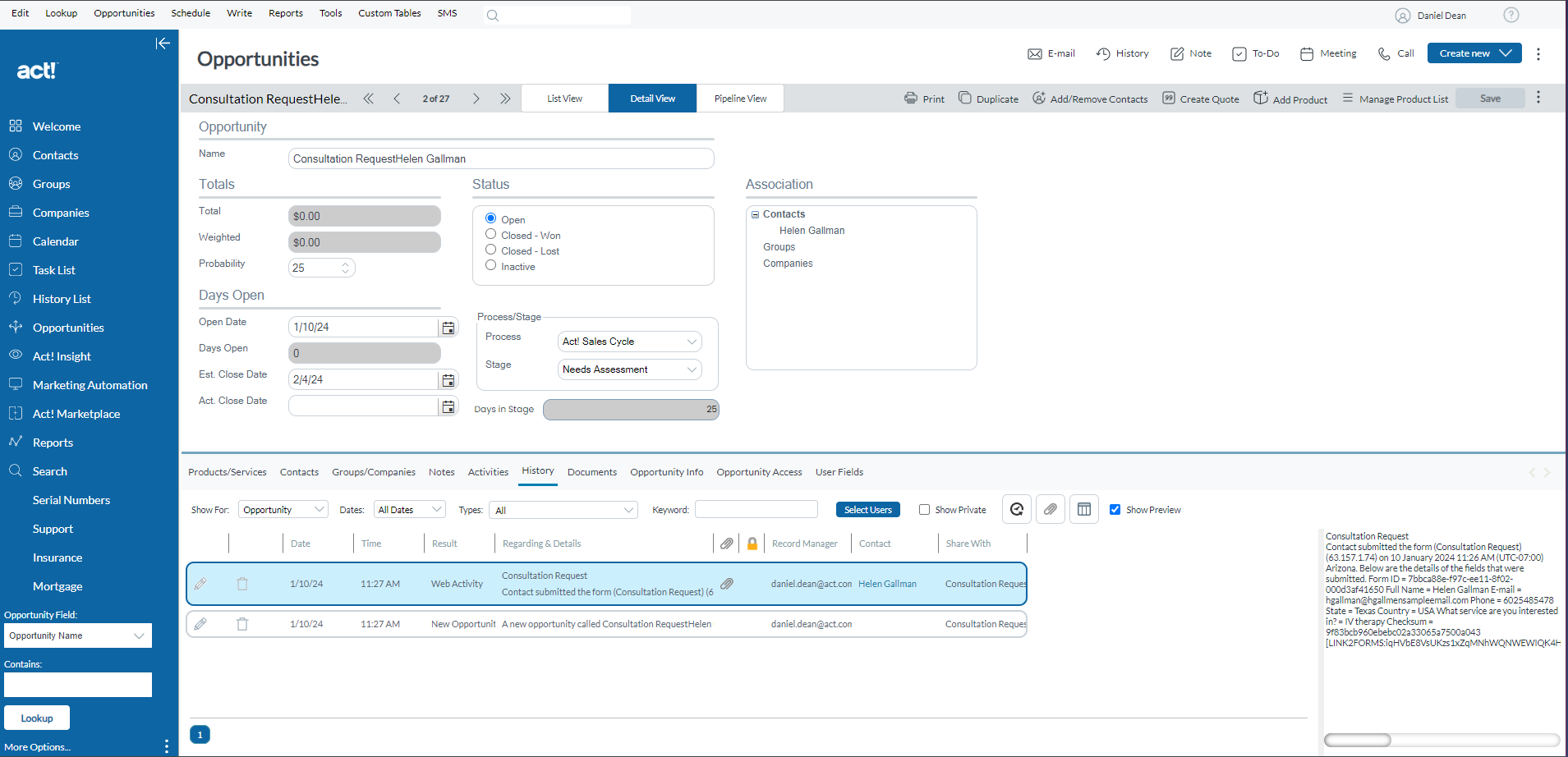 screenshot showing how to create opportunities in Act! automatically with Link2forms+