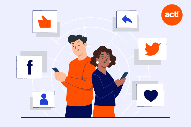 an illustratin of a man and woman looking at their phones with social media icons floating around them