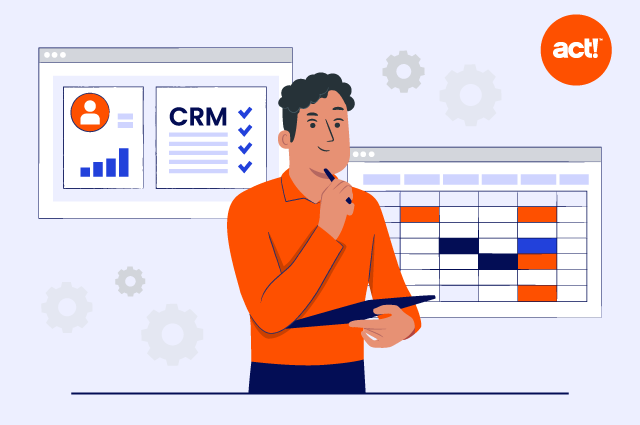 an illustration of a person standing in front of a screen displaying a CRM dashboard and a screen displaying a spreadsheet.