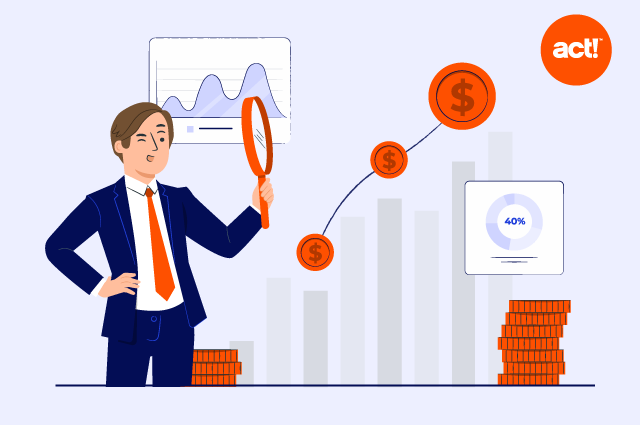 an illustration of person holding a magnifyng glass up to a large wall graph to review the data