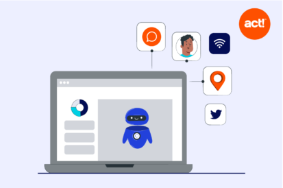 an illustration of a comoputer screen with a robot on it and icons floating around it