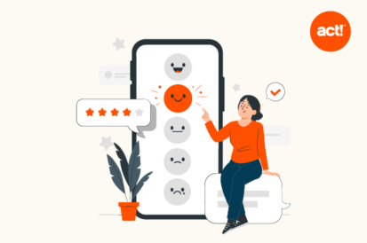 an illustration of a woman sitting in front of a mobile device with sentiment signals on it
