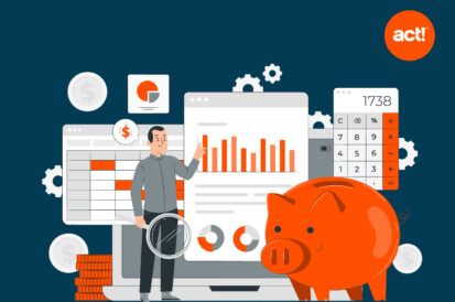 Decorative illustration of a person standing in front of charts and graphs and piggy bank