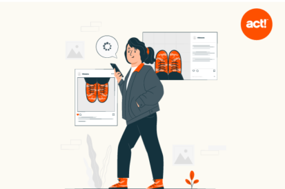 Decorative illustration that shows a woman looking at social media ads